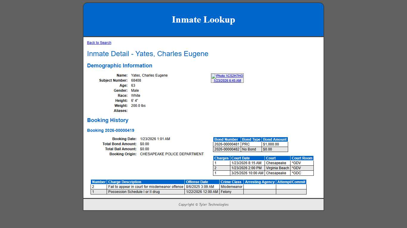 Inmate Detail - Yates, Charles Eugene