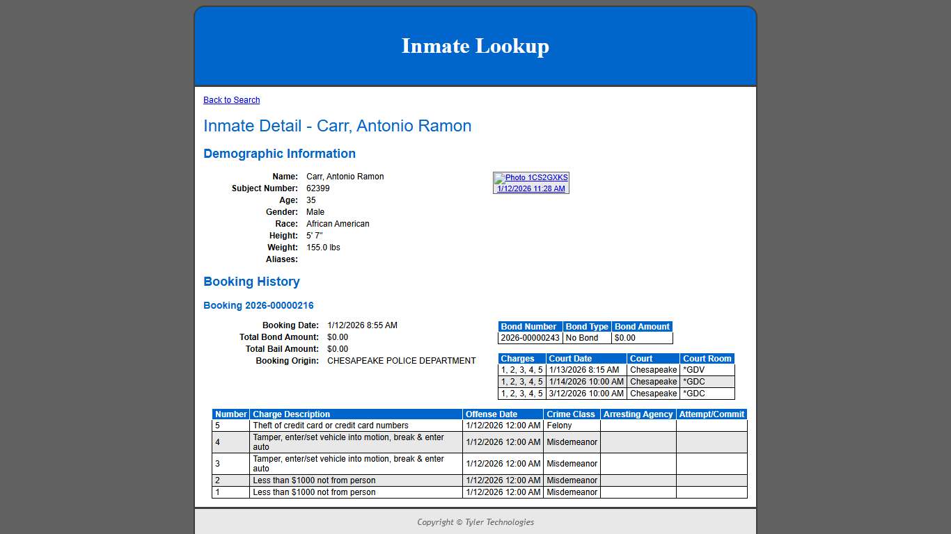 Inmate Detail - Carr, Antonio Ramon